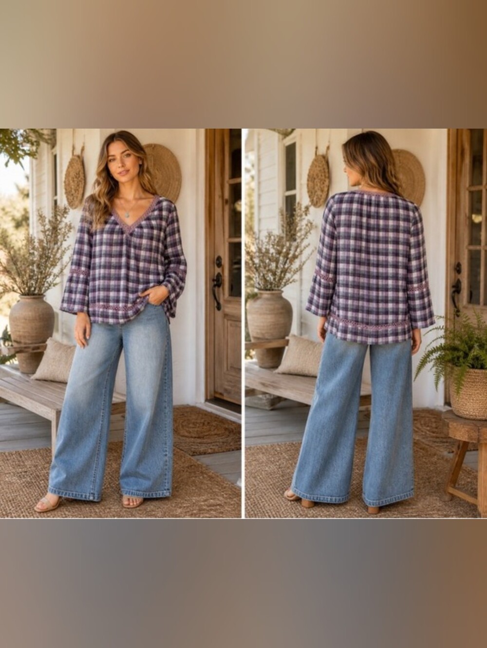 100% Linen V-Neck Blouse with Lace Trim